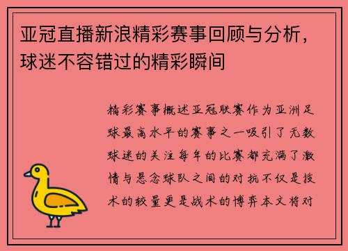 亚冠直播新浪精彩赛事回顾与分析，球迷不容错过的精彩瞬间