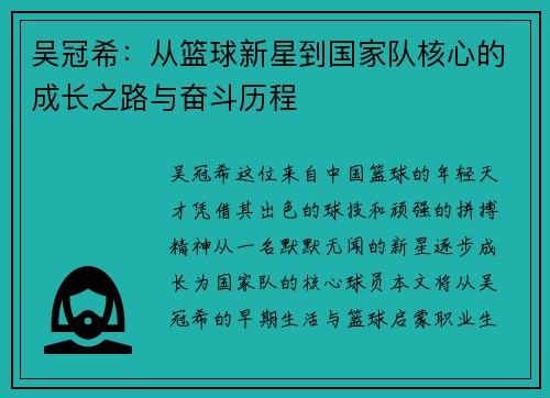 吴冠希：从篮球新星到国家队核心的成长之路与奋斗历程