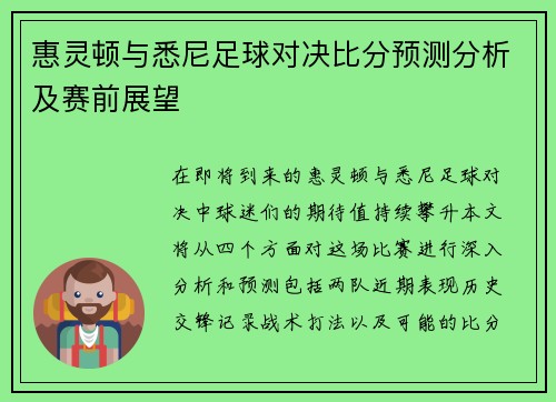 惠灵顿与悉尼足球对决比分预测分析及赛前展望